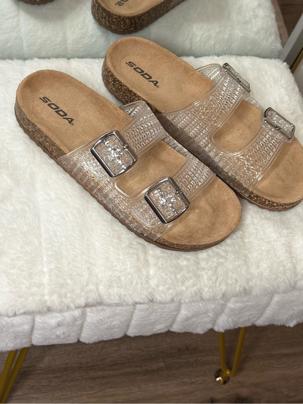 Clear Double-Buckle Cork Slide Sandals with Silver Buckles - Picture 6 of 8